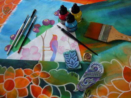 An array of paintings created with acrylic ink