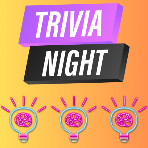 The words "Trivia night" against a yellow gradient background, with three neon lightulbs with neon "brains" inside them at the bottom of the image