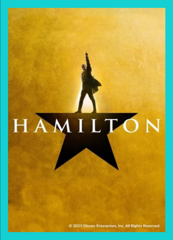 Hamilton Film Poster. A silhouette of a man against a gold background raising one fist into the air. the Platform he stands on forms the shape of a single star 